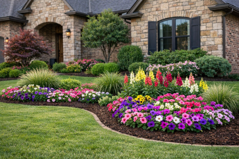 Spring residential landscape with colorful flower beds, fresh mulch, and neatly edged lawn in a Norman, Oklahoma front yard.