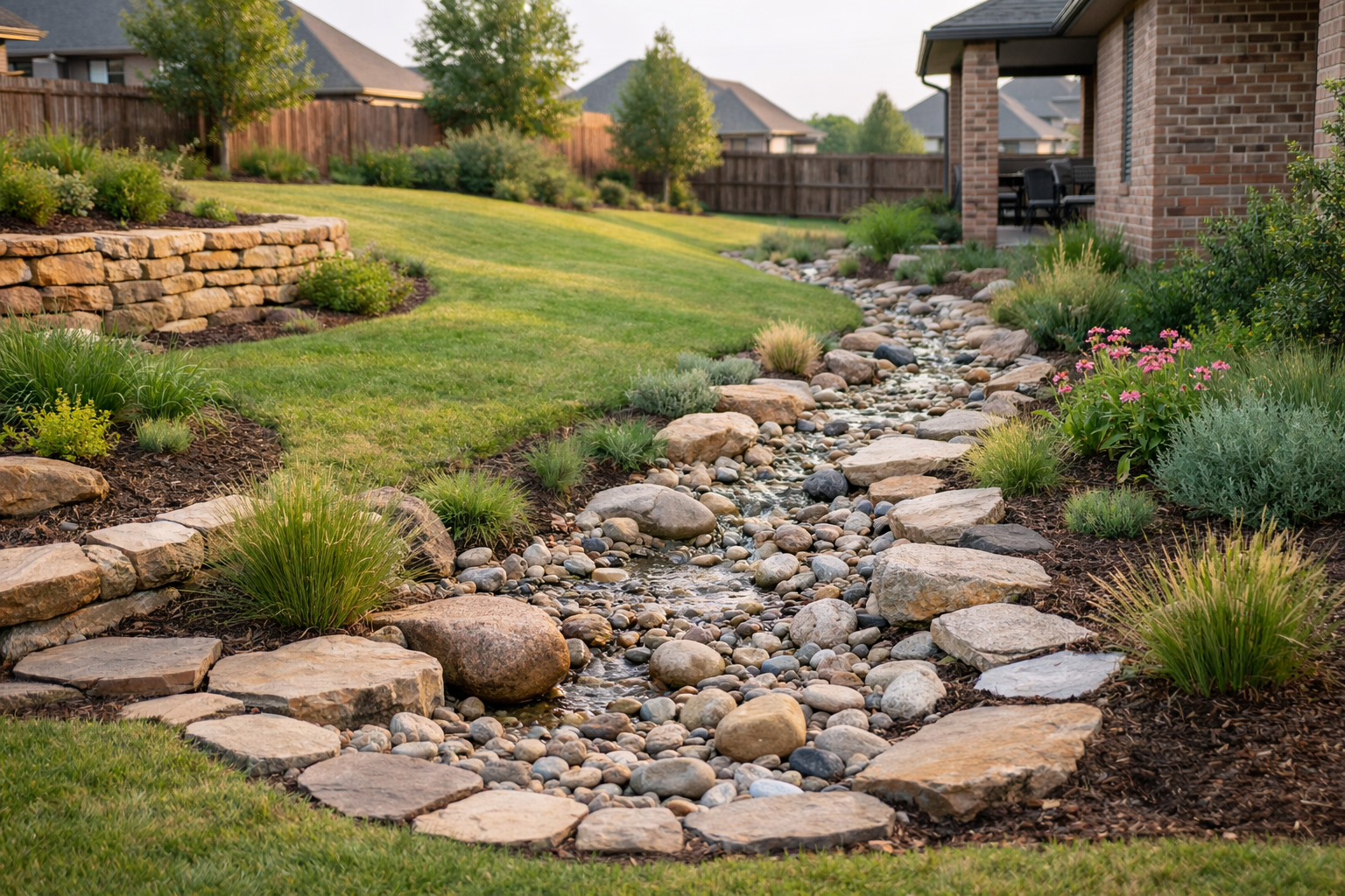 Backyard landscape with proper drainage design, dry creek bed, and native plants.