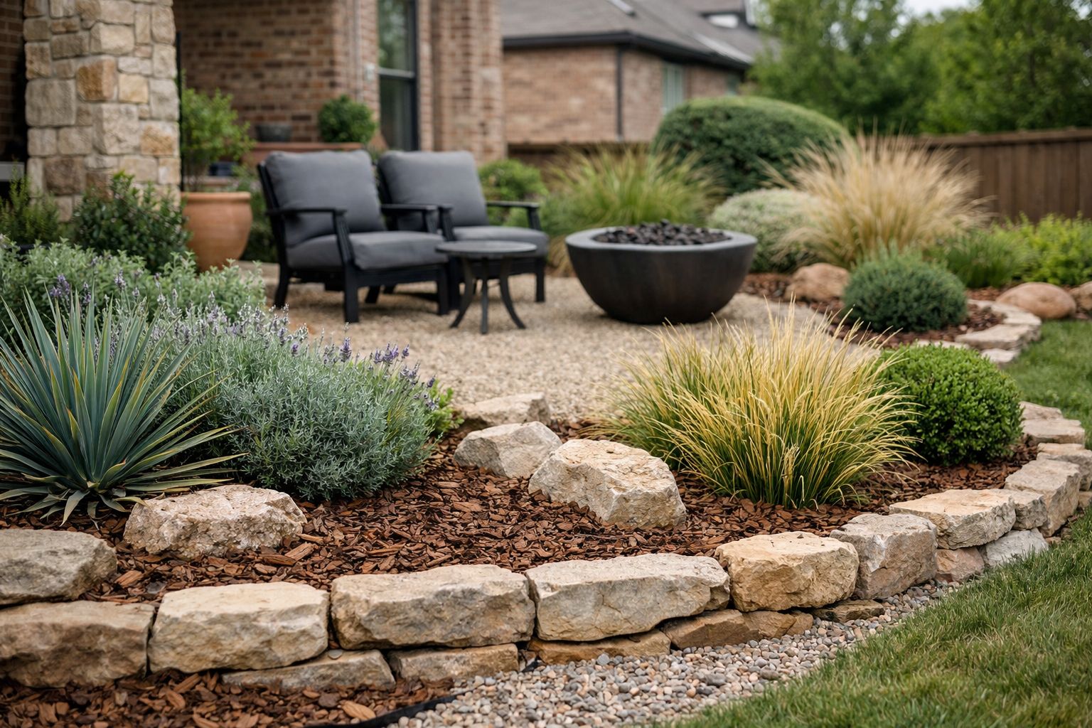 Close-up of low-maintenance garden with drought-tolerant plants, mulch, and stone edging.