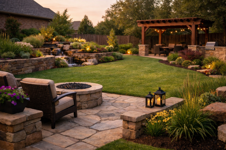 Professionally designed residential backyard with patio, garden beds, and balanced landscaping.
