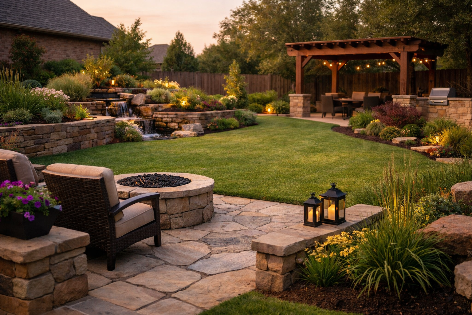 Professionally designed residential backyard with patio, garden beds, and balanced landscaping.