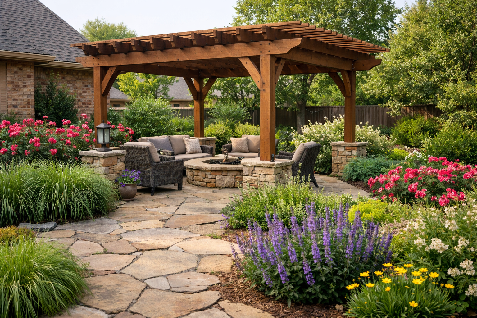 Backyard flagstone patio with pergola surrounded by ornamental grasses, roses, and spring perennials.