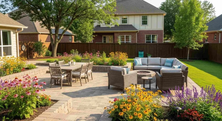Backyard patio and outdoor living landscape installation in Oklahoma