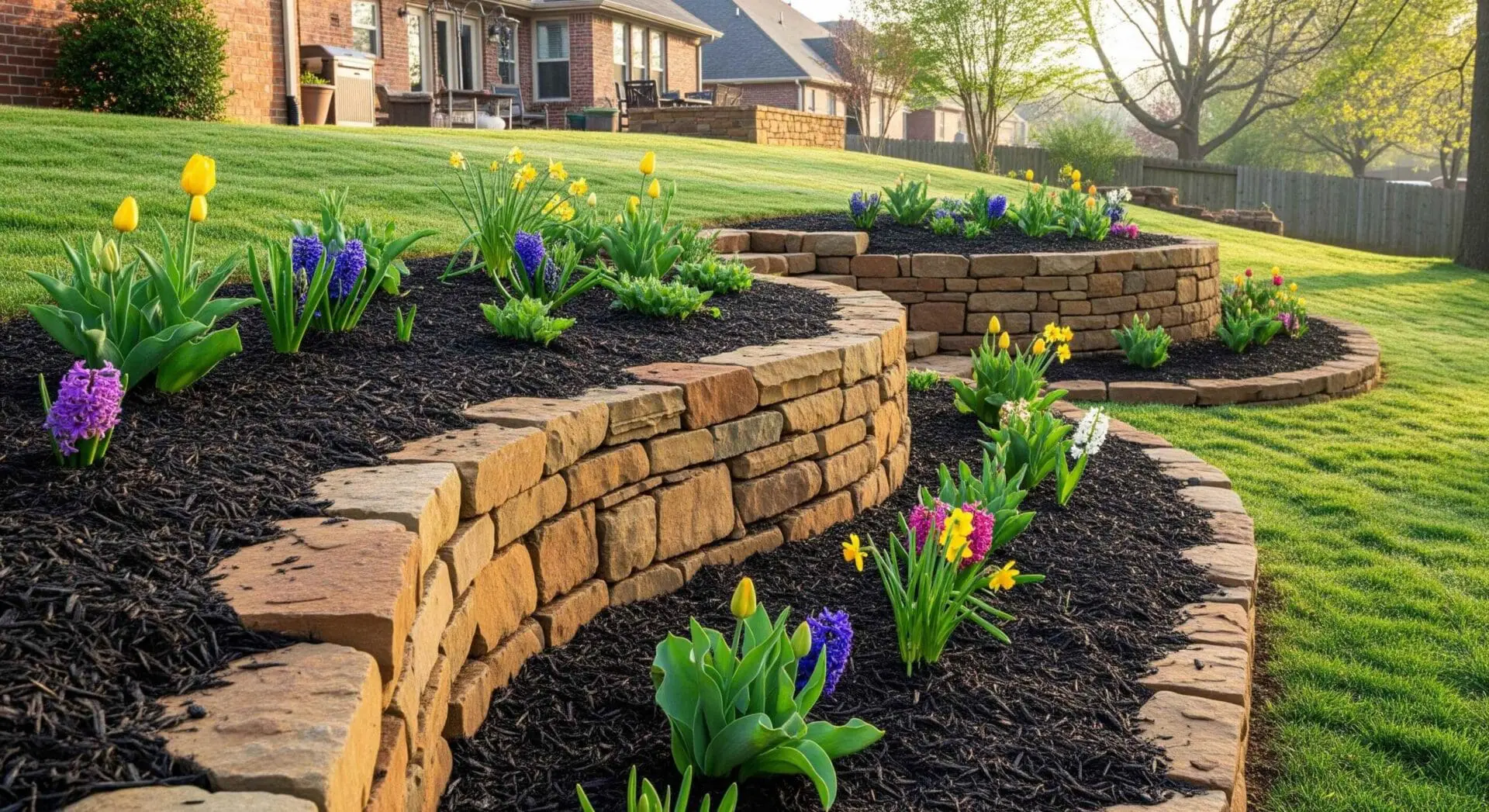 Curved retaining wall landscape installation with seasonal plants in Oklahoma