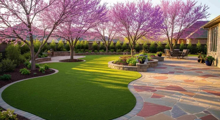 Landscape design with artificial turf and ornamental trees in Oklahoma