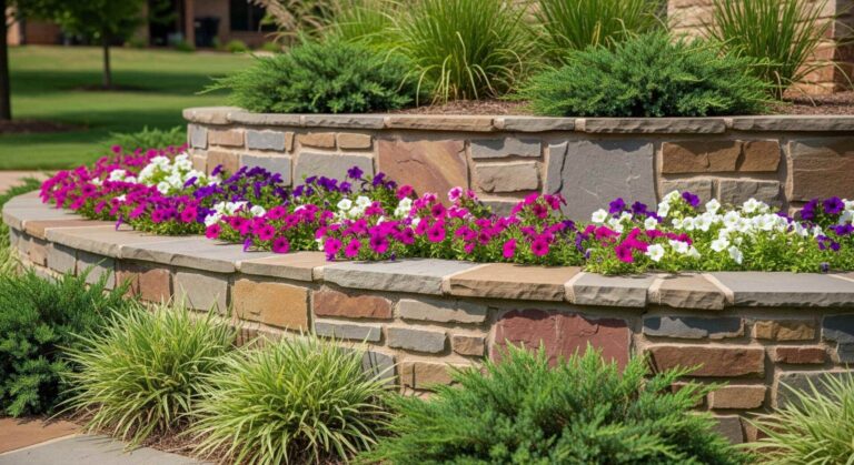 Stone retaining wall with flower bed landscape installation in Oklahoma