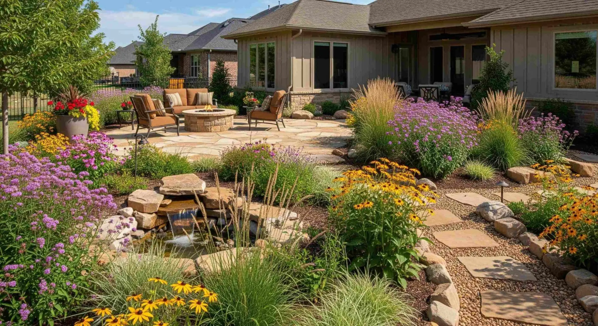 Multi-level patio and landscape installation with natural stone in Oklahoma