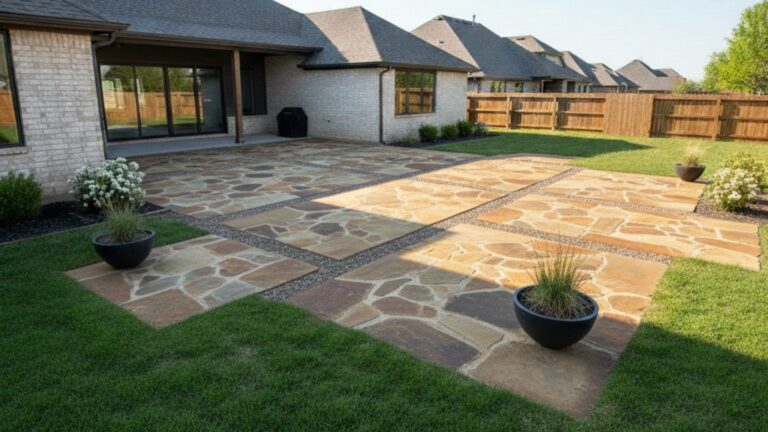 Flagstone patio installation by landscaping company in Oklahoma