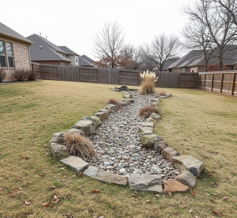 Dry creek bed drainage solution installed in residential yard in Oklahoma