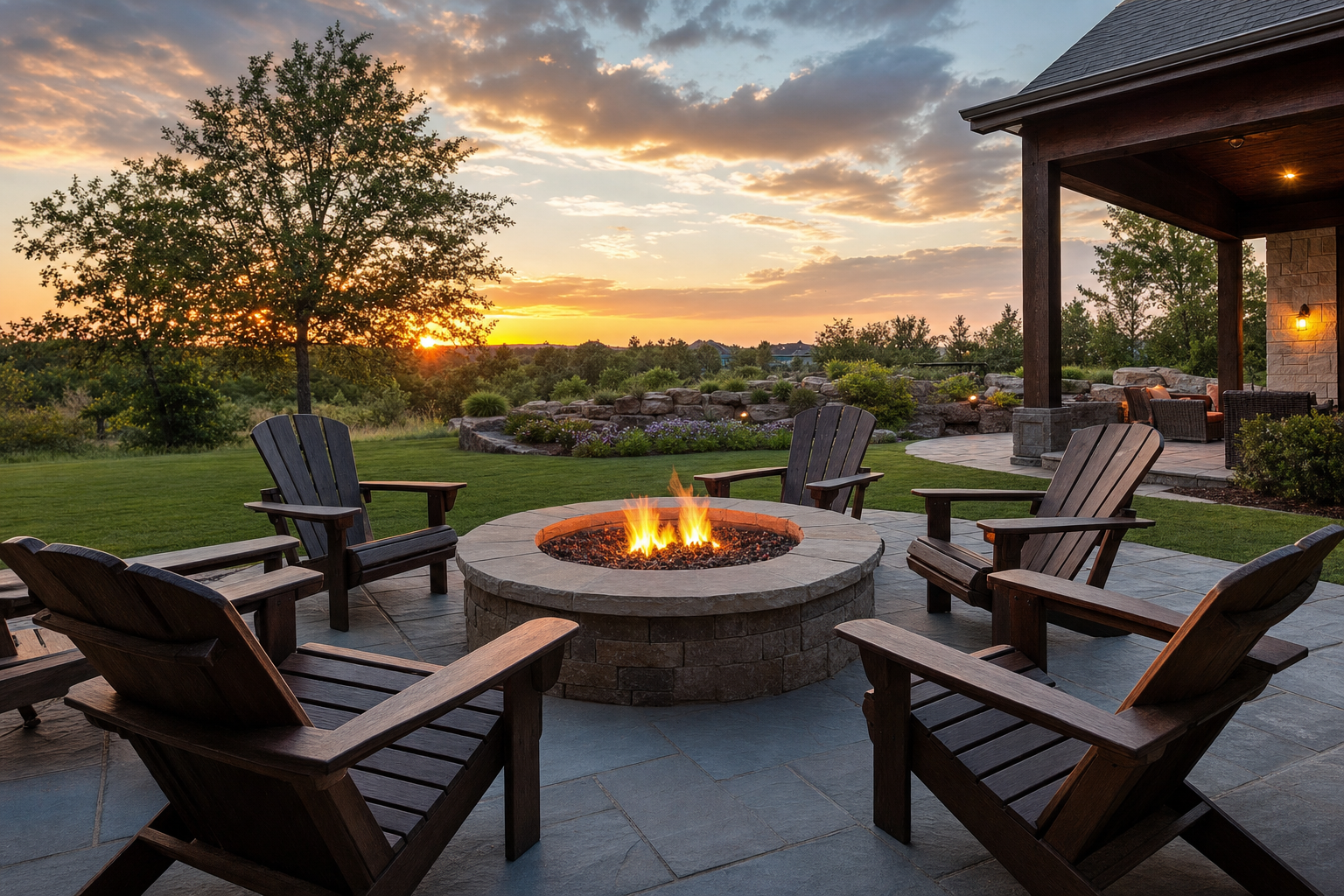 Stone fire pit with patio seating in a landscaped outdoor living space